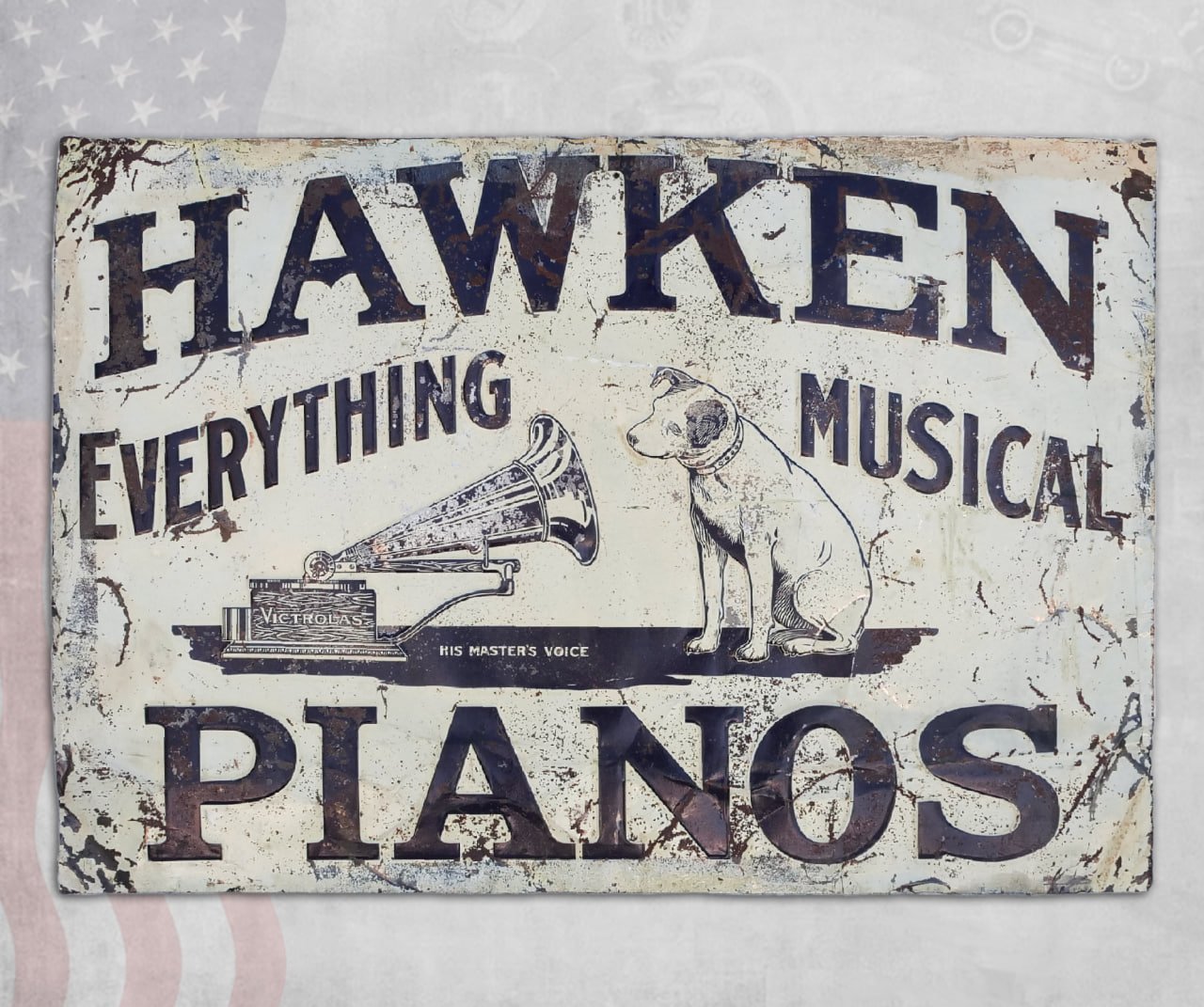 Vintage RCA Victrola Sign: “Hawken Pianos Everything Musical” – VS6524